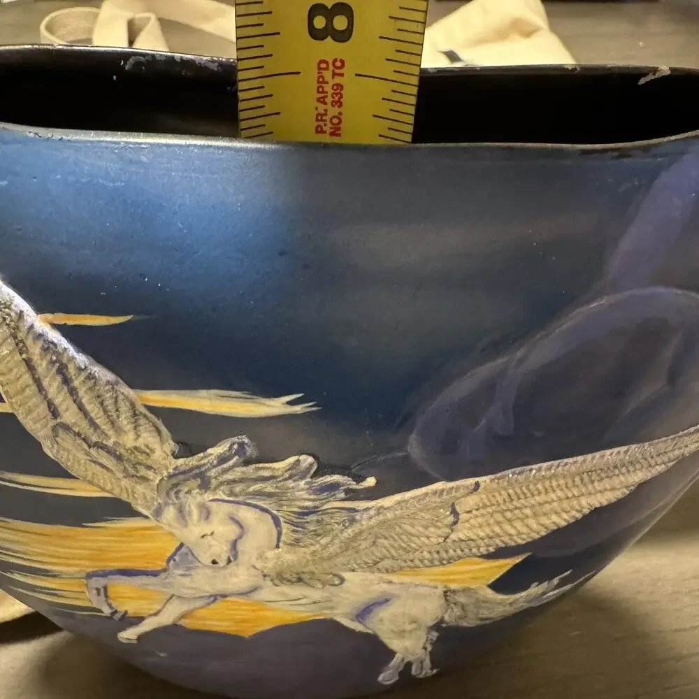 Vintage Handcrafted Flying Unicorn Pegasus Clouds Porcelain Pottery Vase Blue